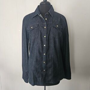 Womens Denim Button Down Shirt Size 14 Dark Wash Cotton Modern Classic Shirt